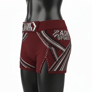 Shorts pour femmes en tissu polyester et élasthanne premium, design à empiècements extensibles, logo personnalisé en strass. - Product Image 3