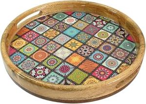Plateau de service rond en bois émaillé à motif floral, assiette à thé, café et collations, vaisselle personnalisée pour la maison, les fêtes et l'hôtellerie - Product Image 2