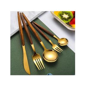 Ensemble de couverts écologiques modernes en acier inoxydable avec manche en bois naturel, fourchette, couteau, cuillère pour la cuisine et la table à manger - Product Image 6