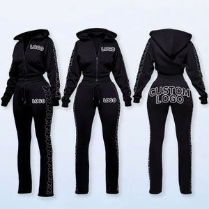 Ensemble de survêtement d'hiver pour femmes grande taille, couleur unie, sweat-shirt 100% coton avec pantalon de jogging deux pièces - Product Image 1