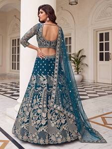 Lehenga Choli de luxe en soie bleu paon, avec broderie lourde en Zari argenté et sequins, Ghagra Choli évasé et Dupatta, pour mariage indien - Product Image 2