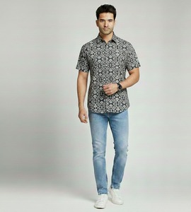 Camisa Formal de Hombre de Alta Calidad, Personalizada, con Cierre de Botones, Manga Corta, Estampado a Rayas, Tela Batik con Estampado a Mano, Cuello Clásico, 100% - Product Image 4