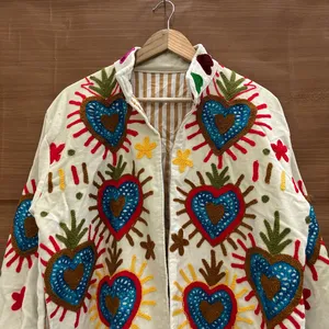 Premium Ivory <b>Velvet</b> Floral Embroidered Suzani <b>Jacket</b> with Heart Print Full Sleeve Stand Collar Handmade Bohemian Autumn Coat - Product Image 2