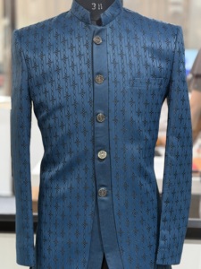 Traje Kurta Indo-Occidental de Lujo para Hombre, Azul Jacquard, Bandhgala, Sherwani, Chaqueta Jodhpuri, Ropa de Boda Bhojpuri, Proveedor Mayorista - Product Image 4