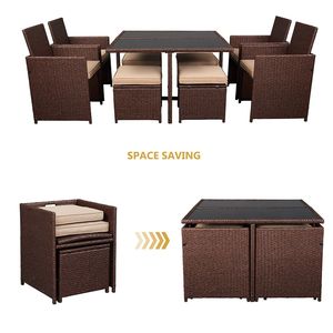 Offerta a Tempo Limitato: Set da Pranzo da Esterno in Rattan PE Effetto Legno a 9 Pezzi con Tavolo in Vetro Temperato per Hotel e Patii - Product Image 6