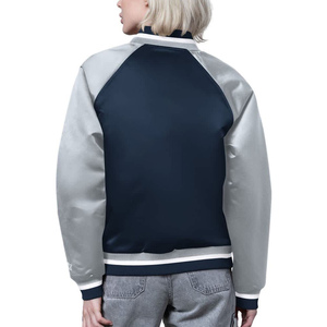 <b>Women's</b> Varsity <b>Jacket</b> <b>Navy</b> Gray Full Sleeve Button Up Contrast Color Solid Pattern Polyester Woven Autumn Style - Product Image 2