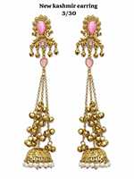 Anting Jhumka Kashmiri Zirkon Hijau Pink Berlapis Emas Antik, Bentuk Bunga Mutiara Imitasi Etnik Tradisional