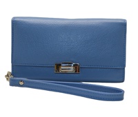 Dompet Panjang Wanita Kulit Asli Dengan Penutup Gesper Logam Dan Tali Pergelangan Tangan Desain Minimalis Biru
