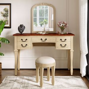 Elegante tocador vintage de 46 pulgadas con espejo curvo con marco floral y taburete de cuero, mesa de maquillaje con 5 cajones - Product Image 2