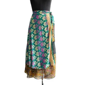 Multicolor Flower Hand Block Printed Indian Silk Sari Vintage Reversible 2 Layer Magic Wrap Skirt Long Belly Dance Dress