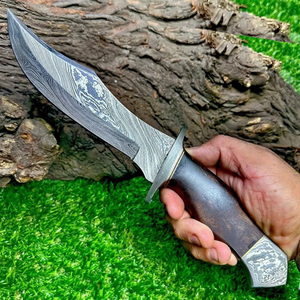 Couteau de chasse Bowie à lame fixe en acier Damas fait main, avec manche en bois exotique et étui en cuir, cadeau idéal - Product Image 1