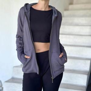 <b>Women</b> Hooded Zipper Sweatshirt Solid Color Long Sleeve Knitted Cotton Breathable Autumn Wear - Product Image 3