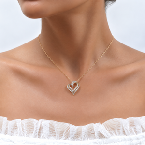 14K 18K Yellow Gold 0.90ctw Open Heart Necklace Classic EF Color VVS Necklace Lab Created Diamond Double Heart Pendant Necklace - Product Image 5