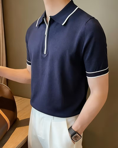 Men's Short Sleeve Solid Color Knitted Polo Shirt Zipper Design Smart Casual Regular Fit Navy Blue with White Trim - Product Image 5