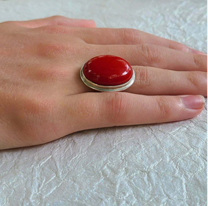 Bague artisanale en argent sterling 925 avec pierre précieuse en corail rouge naturel, taille ovale classique, sertie en clos, pour mariage, fiançailles, cadeau - Product Image 5