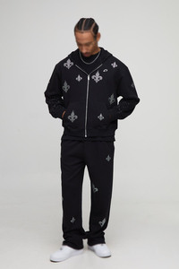 เสื้อฮู้ดซิปสีดำสำหรับผู้ชาย ลายดอกไม้ประดับเพชร ผ้าฝ้ายฟลีซหนานุ่ม ทรงโอเวอร์ไซส์ สตรีทแวร์ ผลิตตามสั่ง - Product Image 4