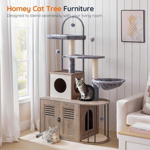 Torre para Gatos Moderna y Sólida Todo en Uno de 31.5 Pulgadas con Caja de Arena Oculta, Mueble Versátil para Gatos de Interior, Poste de Sisal y Hamaca - Product Image 2