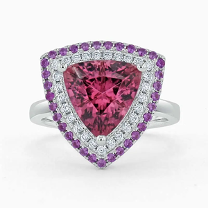 18K White Gold Trillion Cut Pink Tourmaline <b>Ring</b> with Purple Sapphire & Diamond Halo | Luxury <b>Statement</b> <b>Ring</b> - Product Image 3