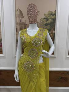 Encantador Sari de Georgette con Bordado, Choli Cosido, Pre-Drapeado, Conjunto de Una Pieza para Mujer, Atuendo para Fiesta de Boda India - Product Image 2