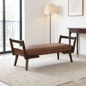 Industrial Modern Solid Teak <b>Wood</b> <b>Bench</b> with Premium Brown Leather Upholstery Elegant - Product Image 1