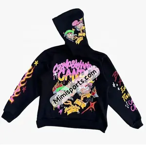 Trending Hoodies Men's Black with Pink and Green Yellow Brush Dots Printed Raw Hem Edge Cut Bottom Big Distressed Acid Washed