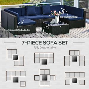Set Divano in Teak e Rattan a 7 Pezzi per Esterni con Cuscini Rimovibili, Pouf e Tavolino da Caffè in Vetro Blu/Caffè Scuro per Ospedali - Product Image 6
