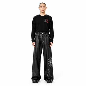 Pantalon homme 100% cuir de veau léger, taille mi-haute, coupe large, devant plat, toutes saisons, blanc, motif géométrique, de créateur - Product Image 1