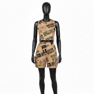 Ensemble haut court et short en jersey de coton premium pour femme, imprimé sur toute la surface, impression sérigraphique, logo personnalisé, 100% coton - Product Image 6