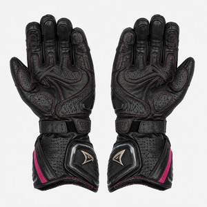 Gants de course en cuir noirs et roses à doigts entiers avec protection des articulations en fibre de carbone, respirants et à sangle de poignet réglable pour la conduite - Product Image 2