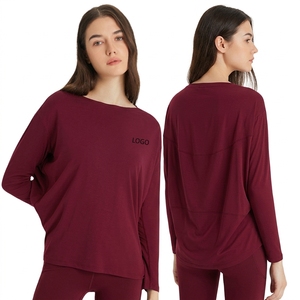T-shirt de fitness pour femme grande taille à logo personnalisé, séchage rapide, respirant, en nylon, coupe ample, col large, manches longues, vêtements de sport - Product Image 3