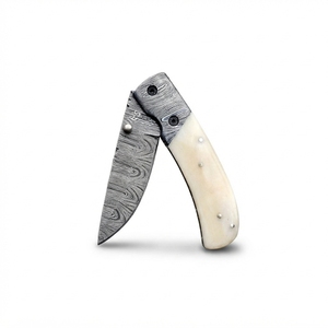 Hand Forged Damascus Steel <b>Folding</b> Pocket <b>Utility</b> <b>Knife</b> Bone Handle Celestial Engraved Straight Hunting Camping Outdoor Gift Men - Product Image 1