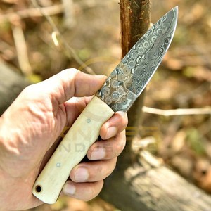 Cuchillo de Hoja Fija de Acero de Damasco, Punta Caída, Borde Recto, Mango de Hueso, Cuchillo para Acampar al Aire Libre - Product Image 6