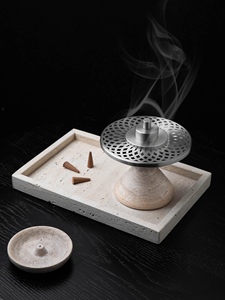 Luxury Natural Travertine Stone Base Incense Burner Brushed Silver Radial <b>Mesh</b> Cover Bakhoor Holder with Tongs - Product Image 3