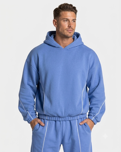 Conjunto Deportivo Azul Azur para Hombre, Talla Grande, con Líneas en Contraste, Sudadera con Capucha de Felpa de Algodón de Primera Calidad y Pantalones Deportivos de Pierna Ancha - Product Image 3
