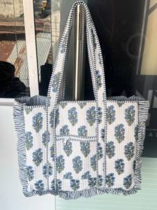<b>Large</b> Cotton Quilted Frill Tote <b>Bag</b> Block printed floral Tote <b>Bag</b> Personalized bride custom Name Tote <b>Bags</b> <b>Christmas</b> <b>Gift</b> - Product Image 2