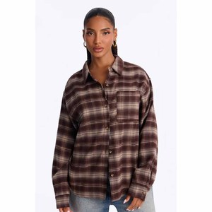 Turn Down Collar <b>Long</b> <b>Sleeve</b> Plaid Print <b>Brown</b> Color Casual Fashion <b>Tops</b> Blouse Shirts for Women - Product Image 1