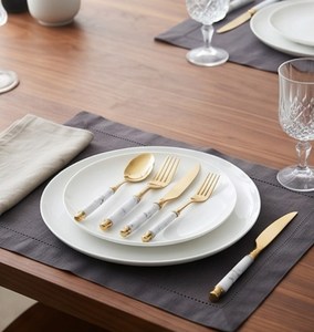 Ensemble de couverts Glam Gold avec poignées en marbre, passe au lave-vaisselle, vaisselle de mariage, cuillère, fourchette, couteau, ensemble de couverts - Product Image 2