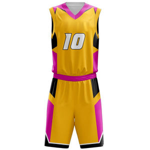 Ensemble de maillots de basket-ball personnalisés jaune rose noir, col en V, manches courtes, impression sublimée, évacuation de l'humidité, unisexe, adulte, toutes saisons - Product Image 2