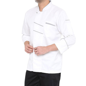 เสื้อเชฟแขนยาวสีขาวผ้าป๊อปลินติดกระดุมด้านหน้าสำหรับร้านอาหาร พร้อมรายละเอียดขอบสีเทา - Product Image 4