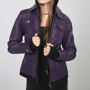 Women's Purple PU Leather Moto Jacket Full Sleeve Turn-down Collar <b>Zipper</b> Closure Autumn Style - Product Image 6