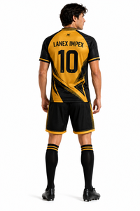 Ensemble de maillots de football personnalisés pour hommes, uniforme de football noir et or, impression par sublimation, manches courtes, maille 100% polyester, équipe - Product Image 5