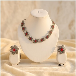 DIVYORO RED FLORAL OXIDIZED <b>SILVER</b> <b>CHOKER</b> SET Women's Wedding Adjustable Length Classic Style - Product Image 1