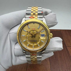 Reloj Mecánico Automático de Lujo Estilo GMT, Esfera Dorada de Alta Calidad, Bisel Acanalado de Dos Tonos, Cristal de Zafiro, Movimiento ETA - Product Image 1