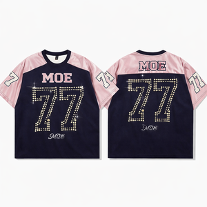 Trendy 2027 Pink Satin Raglan Sleeve Pearl <b>Rhinestone</b> American Football Jersey Cropped <b>Mesh</b> Y2K Hip Hop Women's Streetwear <b>Top</b> - Product Image 2
