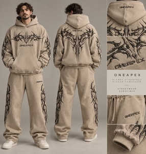 Ensemble survêtement streetwear pour homme, beige, coupe oversize, sweat à capuche et pantalon de jogging, logo brodé personnalisé, coton épais, deux pièces - Product Image 6