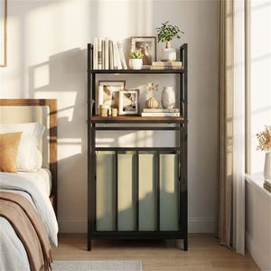 Cesto Portabiancheria Ribaltabile Nero Rustico Marrone a Doppio Livello con 4 Ganci a S in Rattan, Bambù, Legno Ingegnerizzato e Metallo per Bagno - Product Image 3