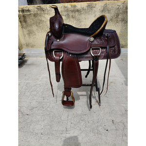 Selle de cheval western en cuir artisanale, classique, avec motifs gravés, pour le cowboy, le ranch et l'équitation sur sentier, avec arceau en fibre de verre et quincaillerie SUS304 - Product Image 1
