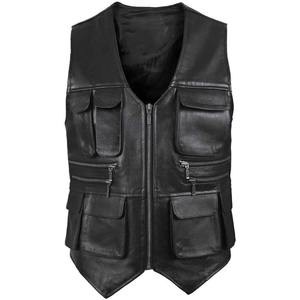 Gilet sans manches en cuir noir pour homme de qualité supérieure avec plusieurs poches et fermeture éclair - Product Image 4