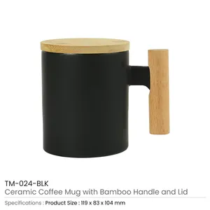 Mug à café minimaliste en céramique de 380 ml avec poignée et couvercle en bambou - Product Image 3