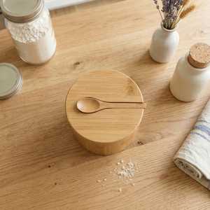 Pot à sel en bambou avec couvercle et cuillère, rangement minimaliste pour la cuisine - Product Image 1